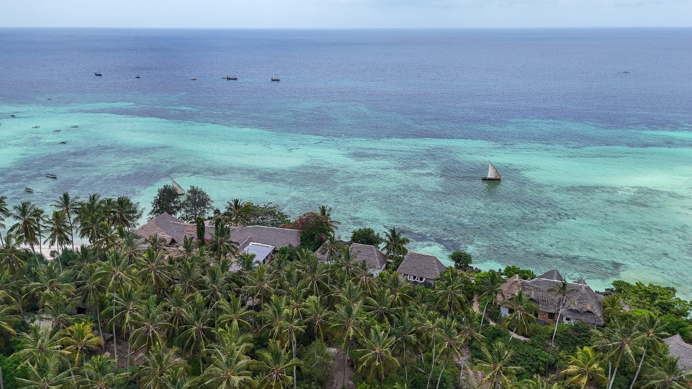 Drone view of Veridiana Hotel rooms against the Indian Ocean